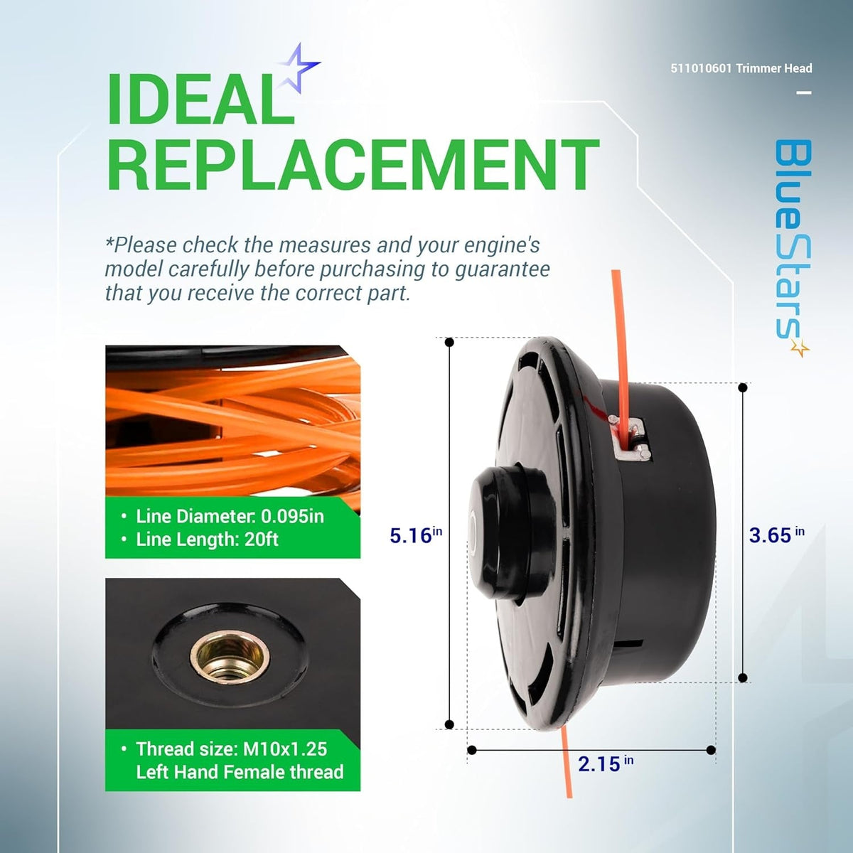 511010601 trimmer head showing dimensions, thread size, and line specifications for Redmax compatibility.
