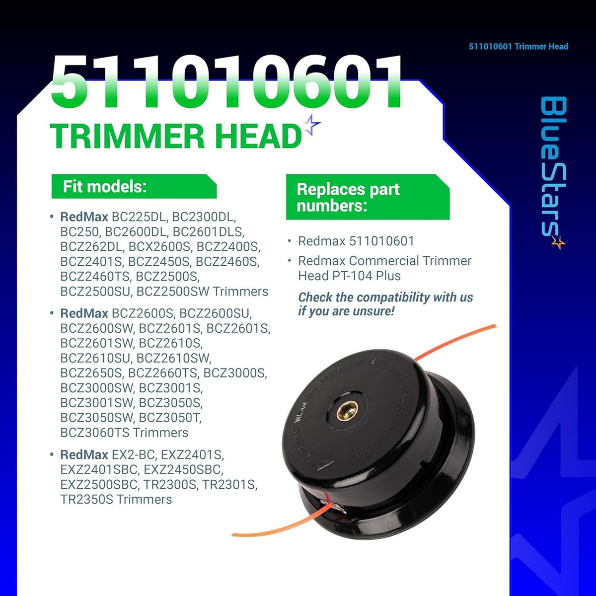 511010601 replacement trimmer head for Redmax models with compatibility chart and part number information.
