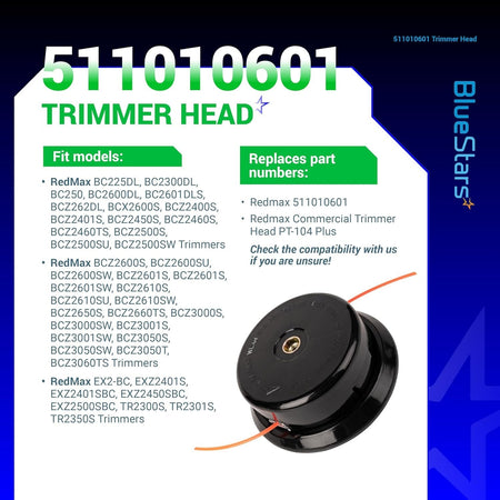 511010601 replacement trimmer head for Redmax models with compatibility chart and part number information.