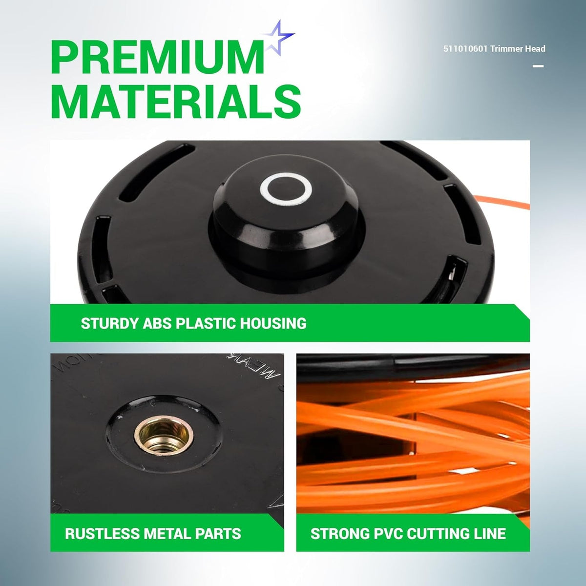 Close-up of 511010601 trimmer head showing ABS housing, metal mounting hardware, and orange PVC cutting line.