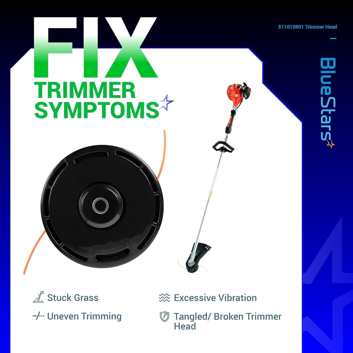 511010601 replacement trimmer head for Redmax string trimmers shown with troubleshooting guide graphic.