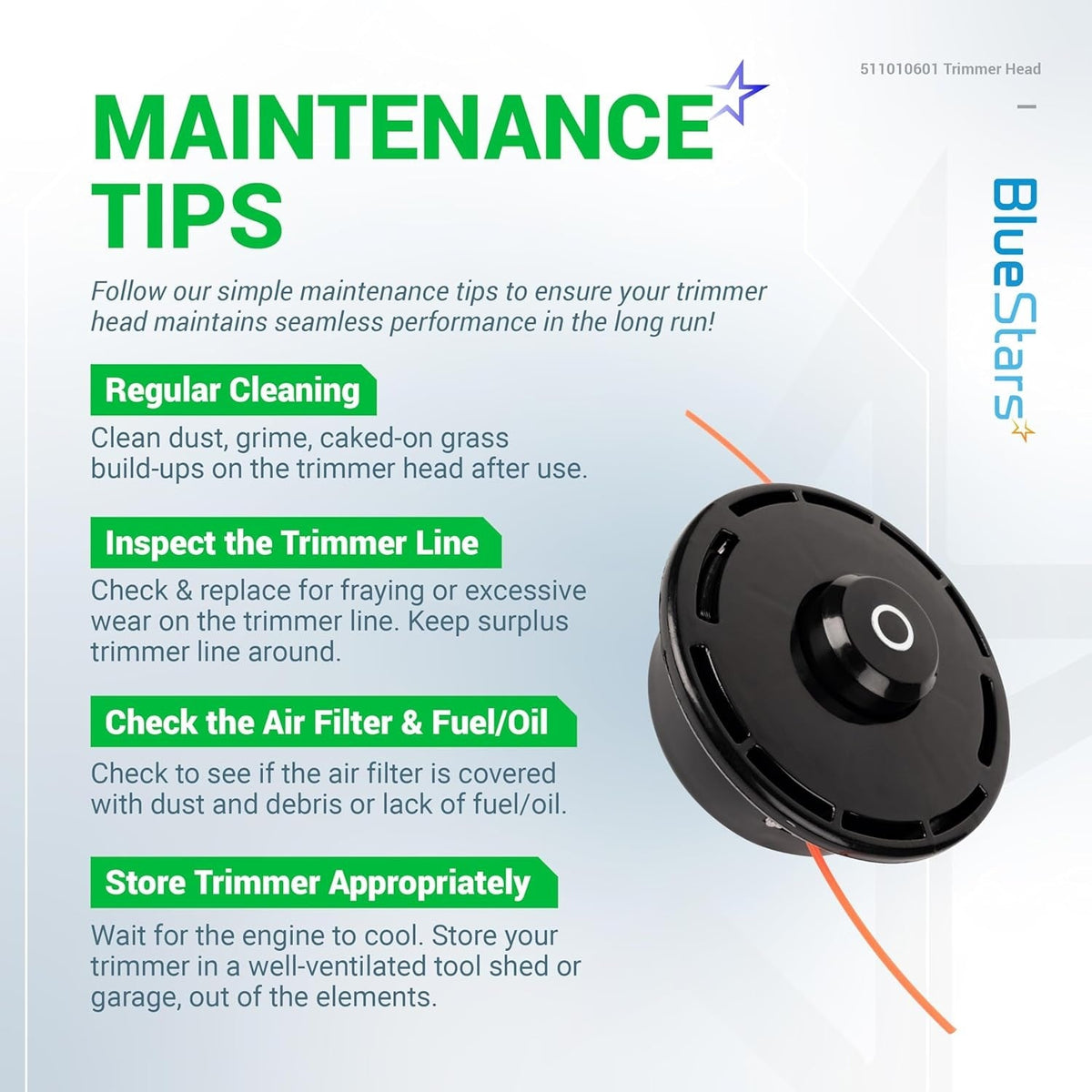 511010601 trimmer head maintenance tips infographic showing replacement part for Redmax trimmers.