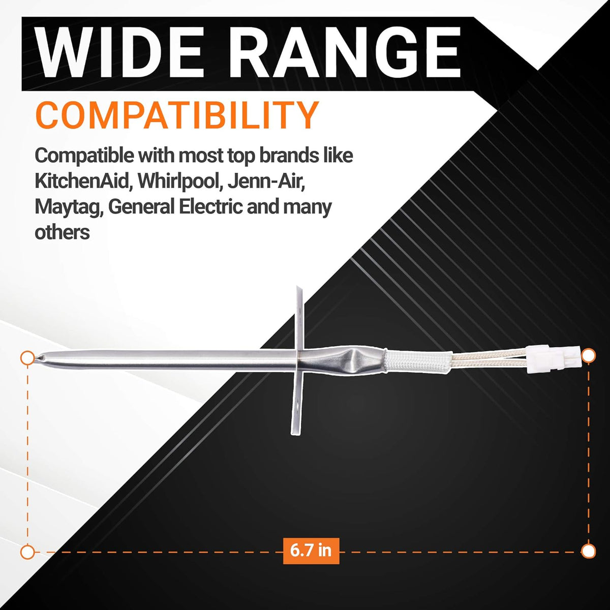 W10131825 oven temperature sensor showing 6.7-inch length and wide brand compatibility.
