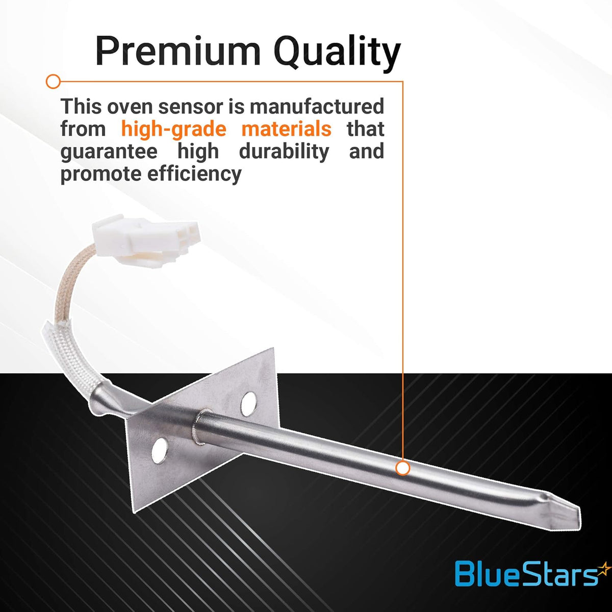 W10131825 oven temperature sensor with mounting bracket and wire connector, highlighting premium material quality.
