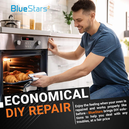 Man using a repaired oven with a W10131825 temperature sensor for DIY kitchen appliance maintenance.