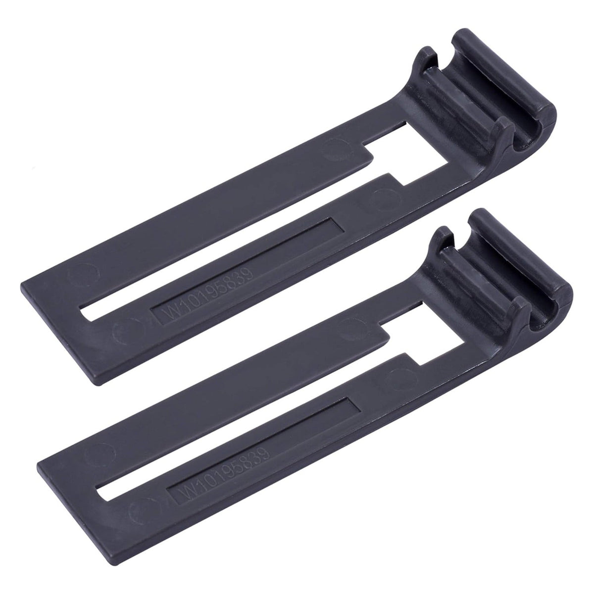 Two black W10195839 dishwasher rack adjuster replacement clips for Whirlpool and Kenmore appliances.