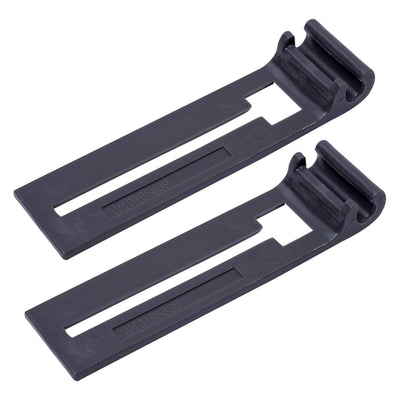 Two black W10195839 dishwasher rack adjuster replacement clips for Whirlpool and Kenmore appliances.
