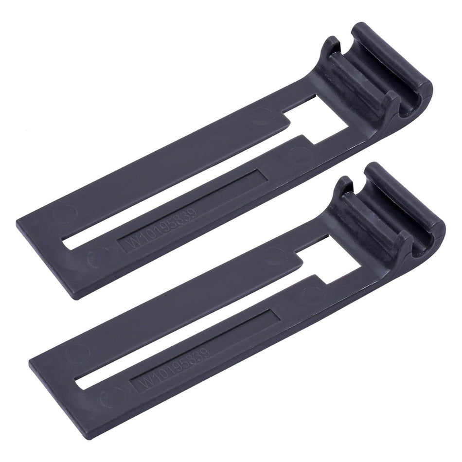 Two black W10195839 dishwasher rack adjuster replacement clips for Whirlpool and Kenmore appliances.