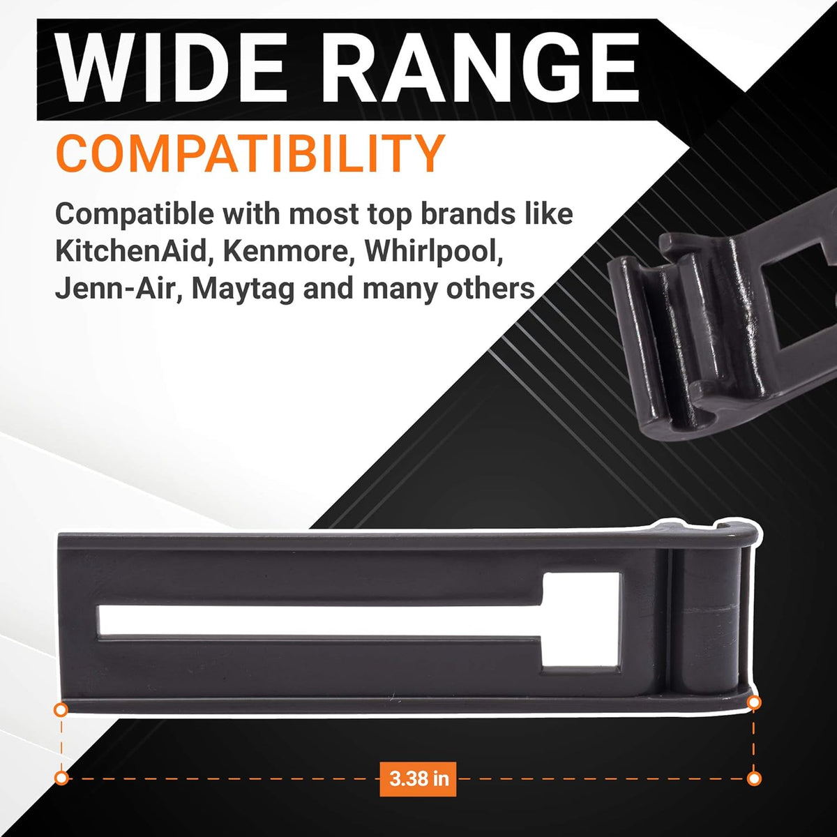 W10195839 dishwasher rack adjuster showing 3.38 inch length measurement and brand compatibility information.