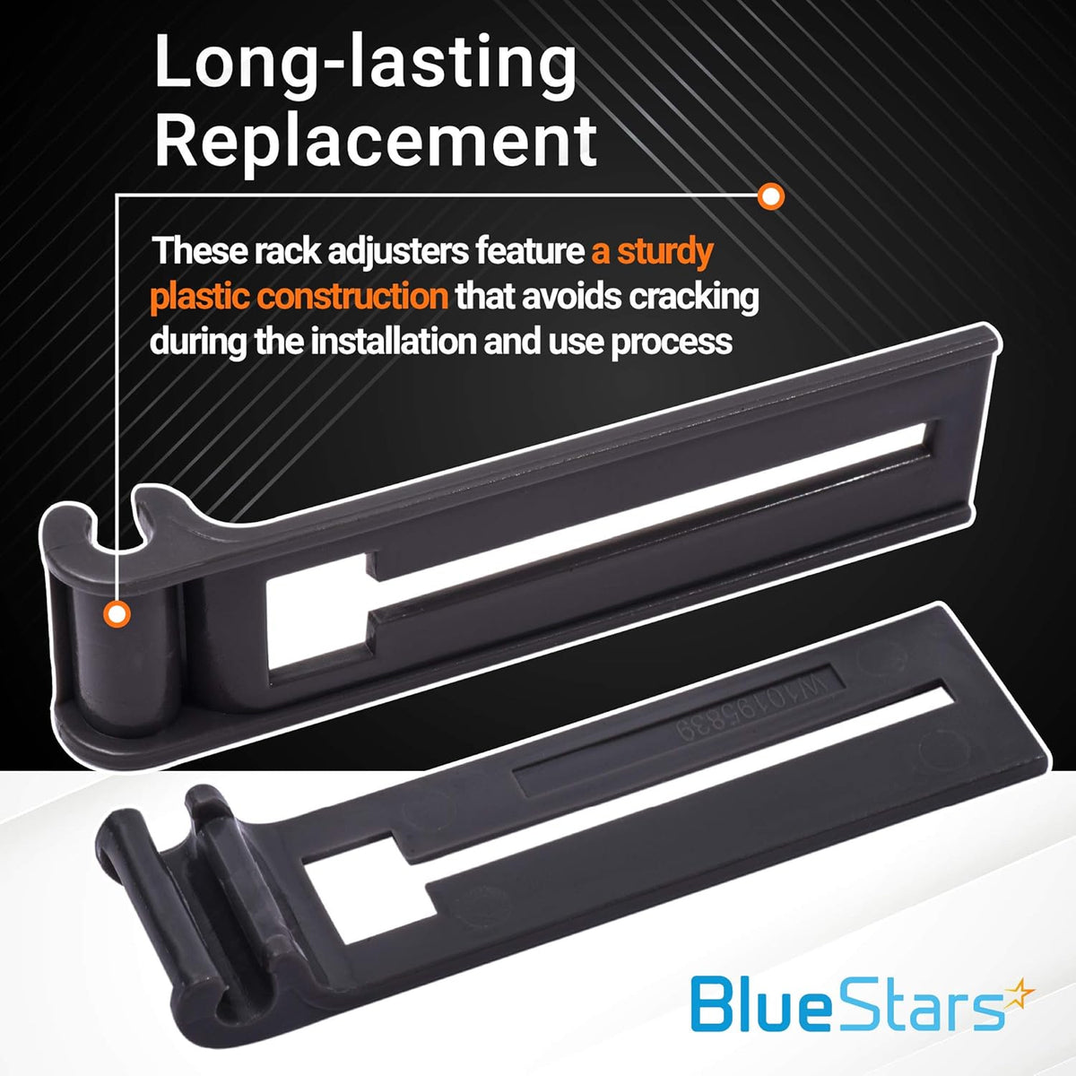 Two black plastic W10195839 dishwasher rack adjusters shown with informational text overlay.