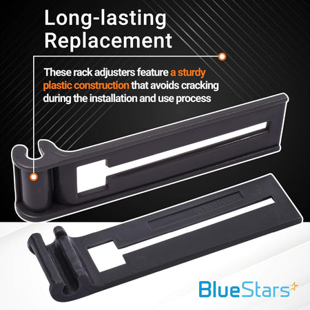 Two black plastic W10195839 dishwasher rack adjusters shown with informational text overlay.