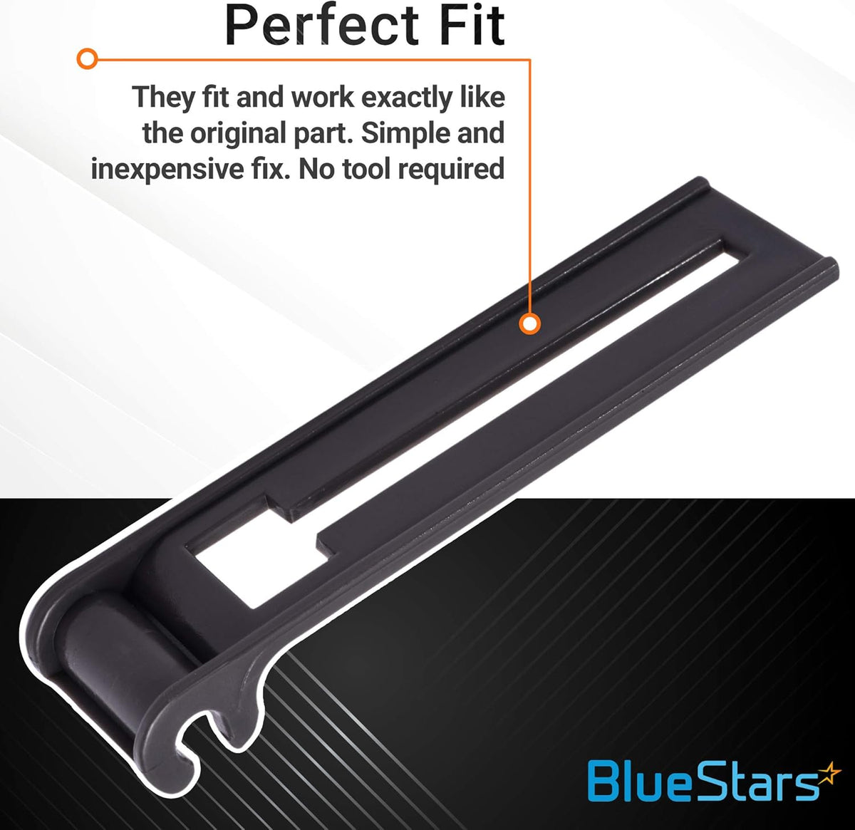 Single W10195839 dishwasher rack adjuster replacement part with informational text overlay.
