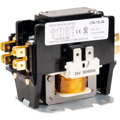 1 pole 30 amp 24V contactor with visible coil and electrical terminals.