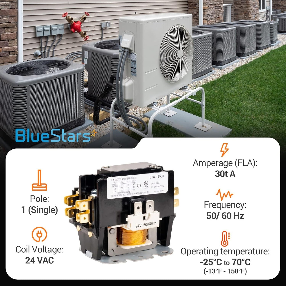 1 pole 30 amp 24V HVAC contactor with technical specifications and product label details.