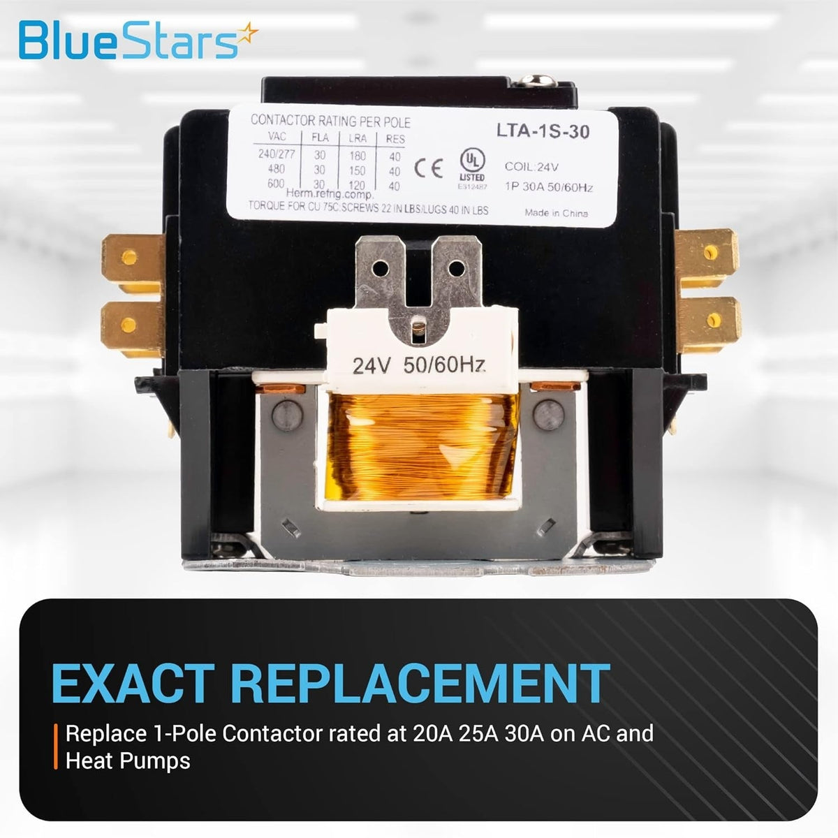 Front view of a 1-pole 30-amp 24V contactor showing the rating label and copper coil.