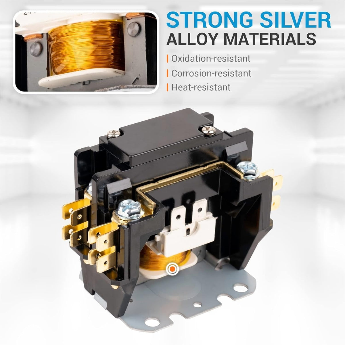 1 pole 30 amp 24V contactor showing silver alloy coil and internal copper wiring detail.