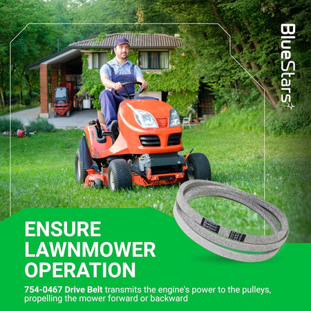 954-0467A mower drive belt shown with a riding lawn mower and instructional text for lawn mower maintenance.