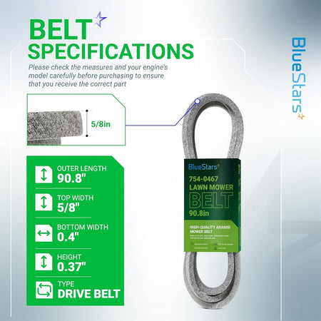 Infographic showing specifications and dimensions for 954-0467A mower drive belt, 90.8 inch length by 5/8 inch width.