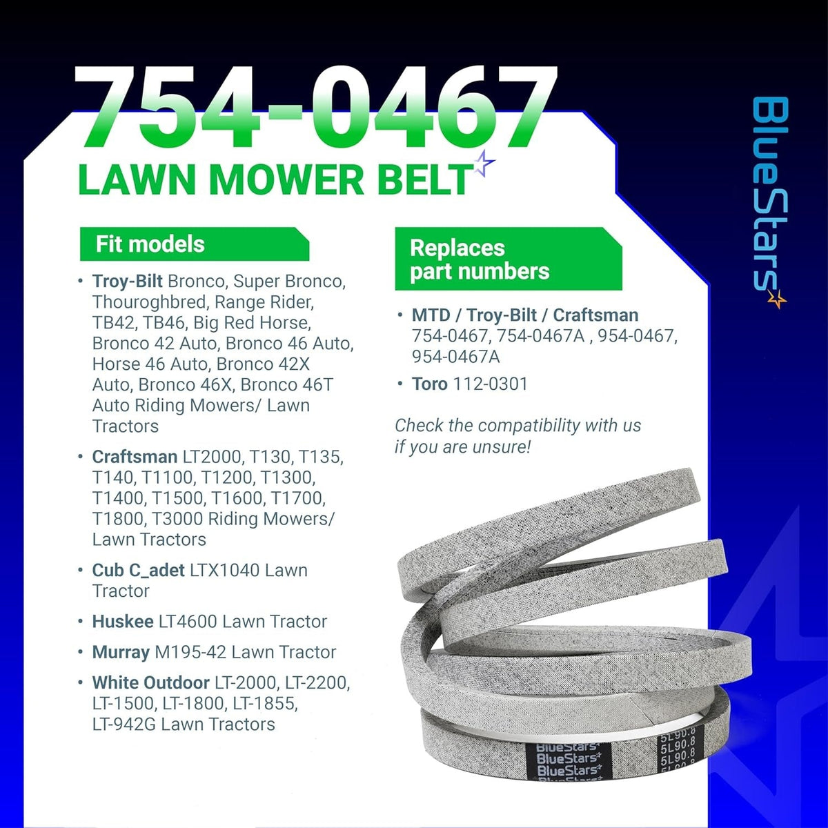 Informational graphic showing 954-0467A mower drive belt compatibility and replacement part numbers.
