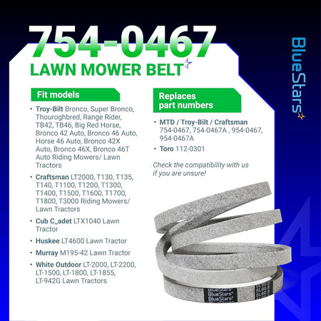 Informational graphic showing 954-0467A mower drive belt compatibility and replacement part numbers.