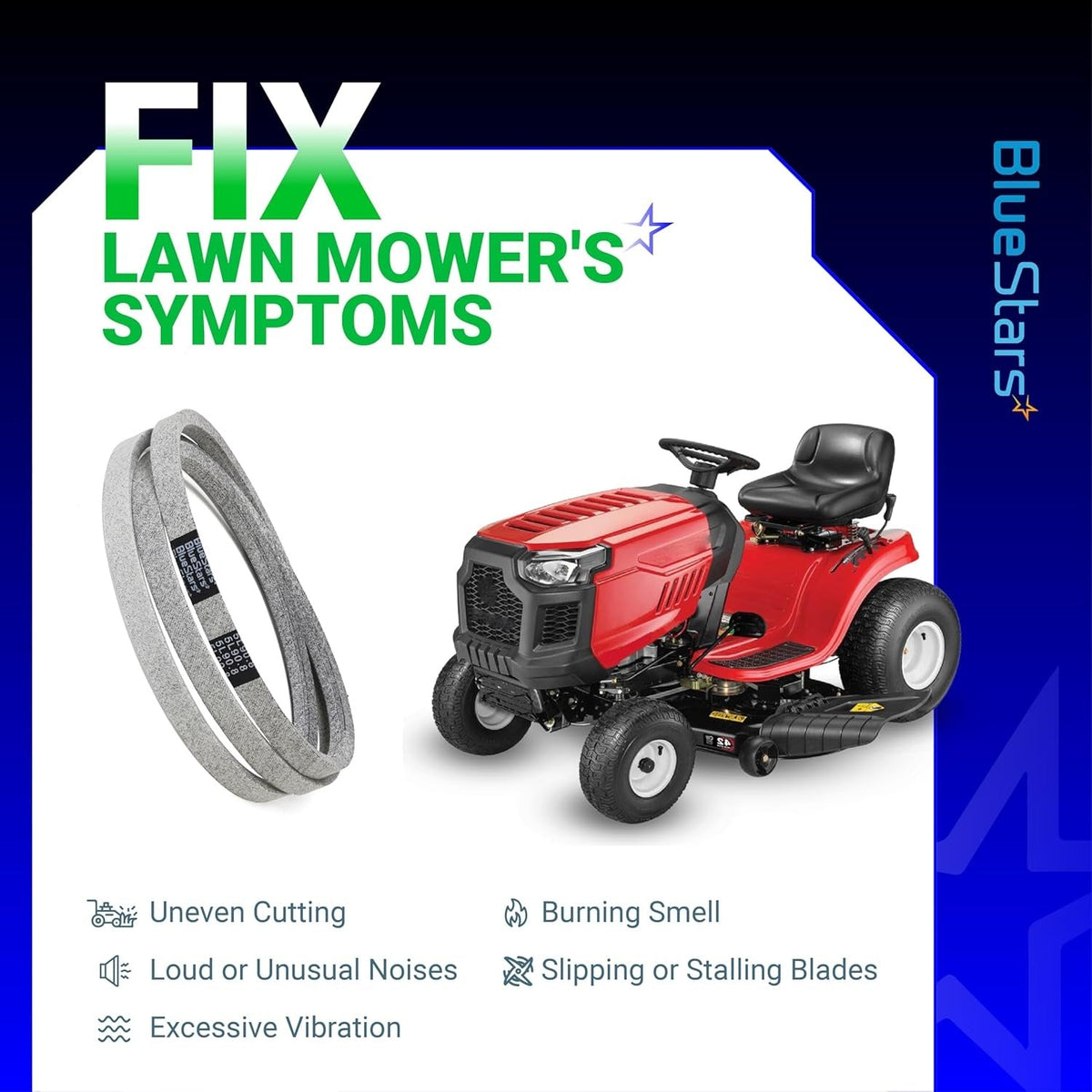 954-0467A mower drive belt shown with a riding lawn mower to illustrate common repair symptoms.