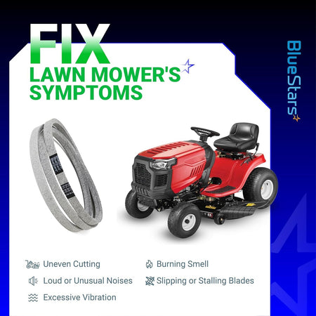 954-0467A mower drive belt shown with a riding lawn mower to illustrate common repair symptoms.