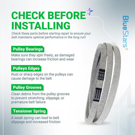 Informational graphic for 954-0467A mower drive belt showing pre-installation inspection tips for pulleys and springs.