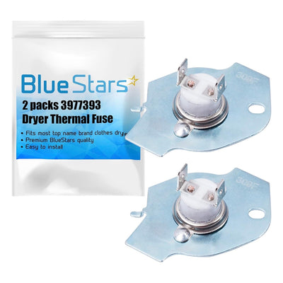 Two 3977393 dryer thermal fuses with Blue Stars packaging for Whirlpool, Maytag, and Kenmore dryers.