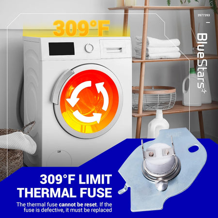 3977393 dryer thermal fuse replacement part shown with 309°F limit label and dryer background.