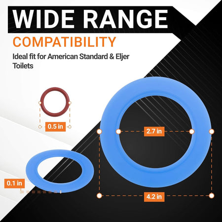 7301111-0070A flush valve seal kit components with labeled dimensions for American Standard and Eljer toilet compatibility.