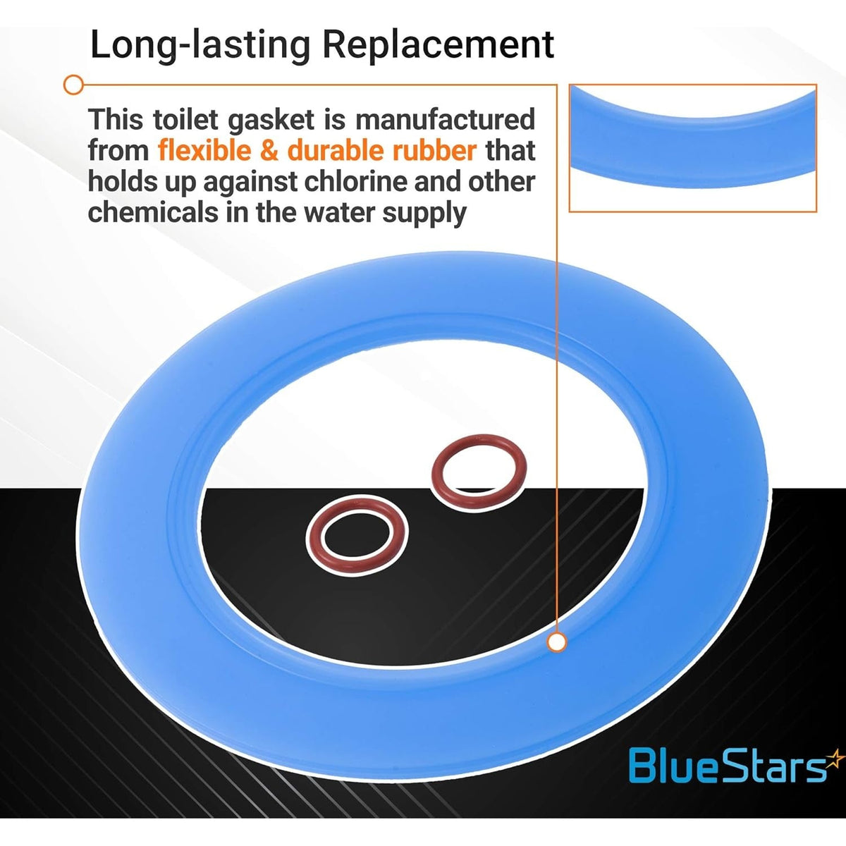 Blue rubber flush valve gasket and two small O-rings for 7301111-0070A toilet repair kit.