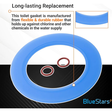 Blue rubber flush valve gasket and two small O-rings for 7301111-0070A toilet repair kit.