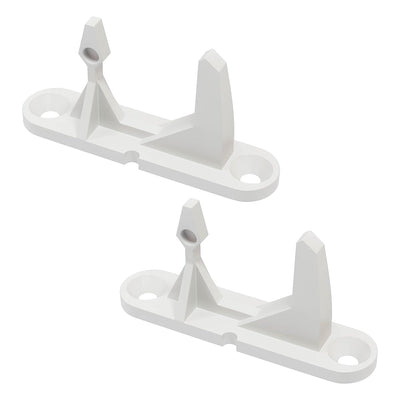 Two white replacement washer door strikers for Frigidaire and Kenmore washing machines.