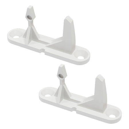 Two white replacement washer door strikers for Frigidaire and Kenmore washing machines.