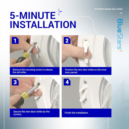 Four-step installation guide for 131763310 washer door striker showing how to remove and secure the part with a screwdriver.