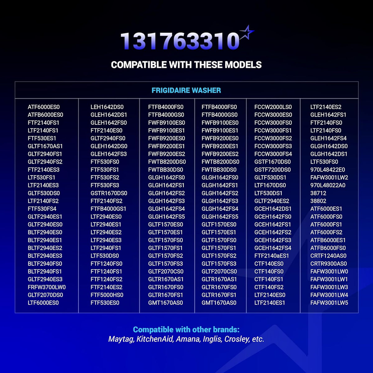 Compatibility chart for 131763310 washer door striker listing compatible Frigidaire and other appliance models.