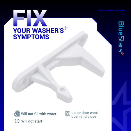 White plastic 131763310 washer door striker replacement part for Frigidaire and Kenmore washing machines.