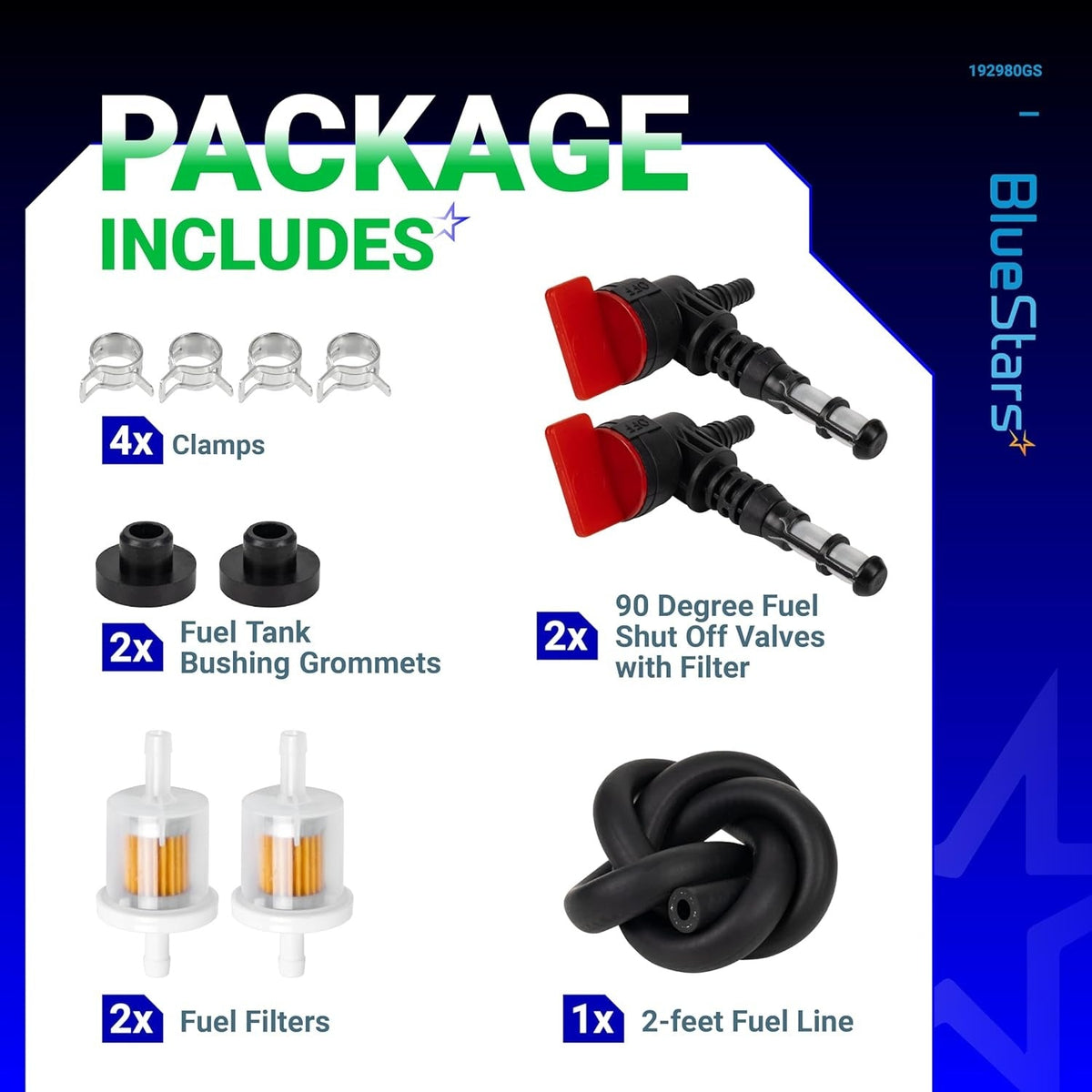 192980GS fuel shut off valve service kit including valves, fuel filters, clamps, grommets, and fuel line for generators.