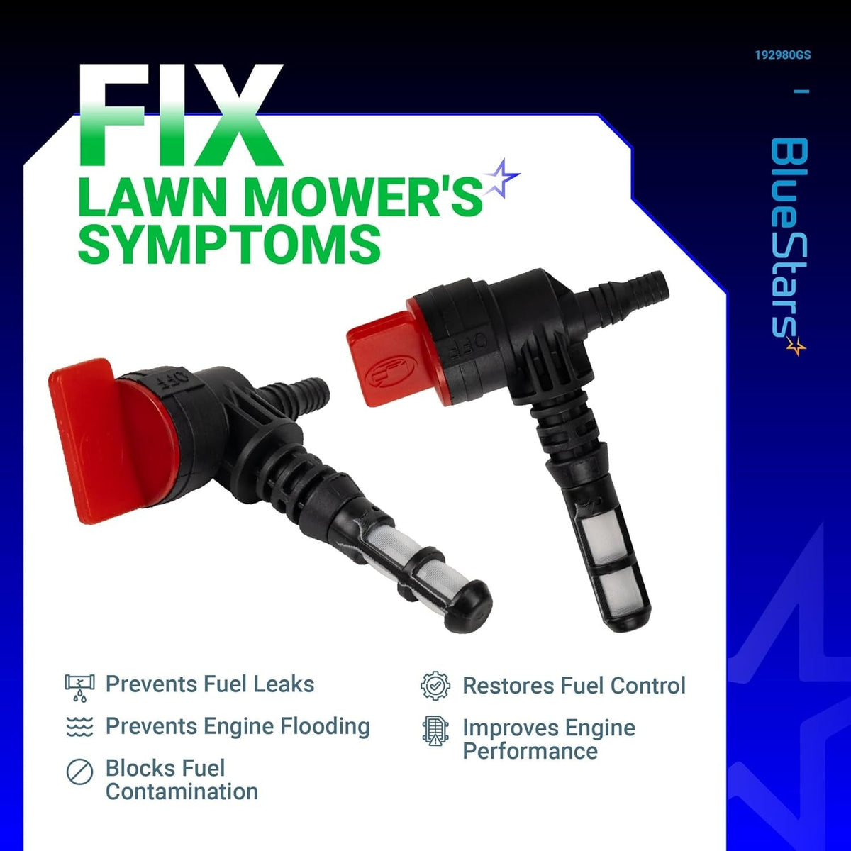 Two 192980GS 90-degree fuel shut-off valves with integrated filters for lawn mowers and portable generators.
