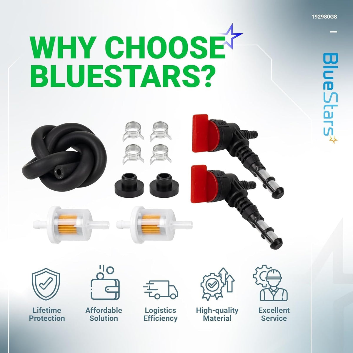 192980GS 90-degree fuel shut-off valve kit with fuel lines, filters, clamps, and grommets for generators and mowers.