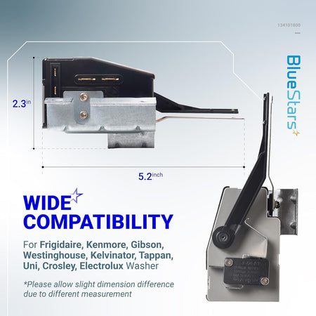 134101800 washer lid lock switch showing side and top dimensions for Frigidaire and Electrolux compatible models.