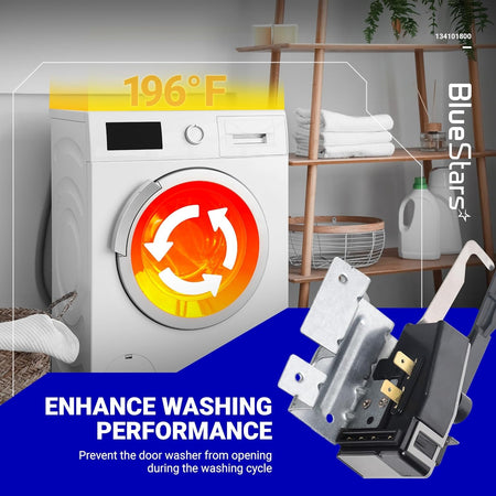 134101800 washer lid lock switch replacement for Frigidaire and Electrolux washers shown with performance graphic.