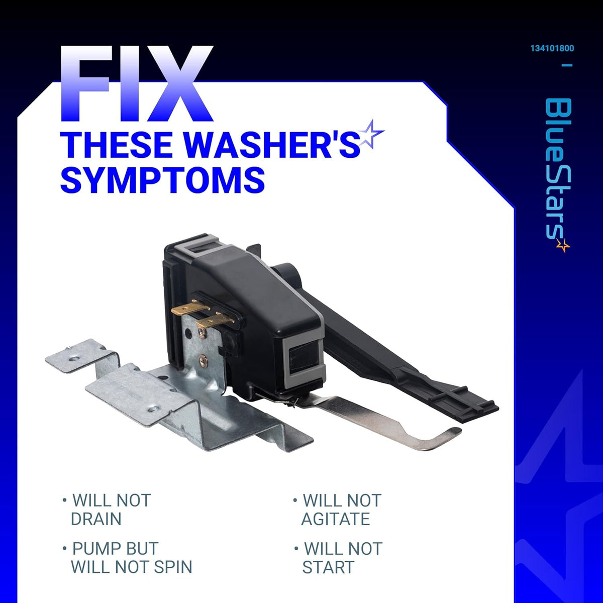 134101800 washer lid lock switch replacement for Frigidaire and Electrolux washers with mounting bracket.