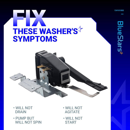 134101800 washer lid lock switch replacement for Frigidaire and Electrolux washers with mounting bracket.