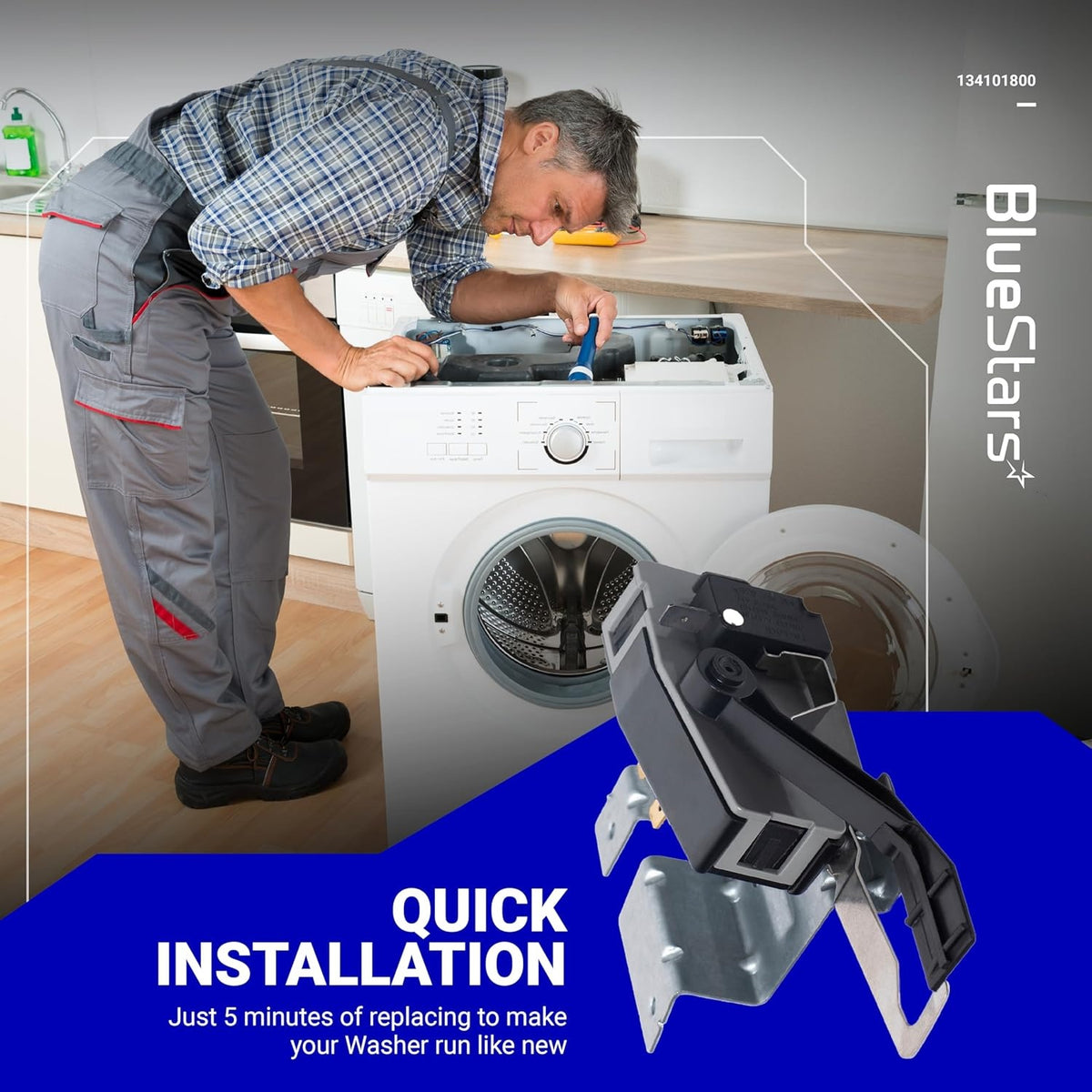 Technician installing a 134101800 washer lid lock switch replacement in a Frigidaire Electrolux washing machine.