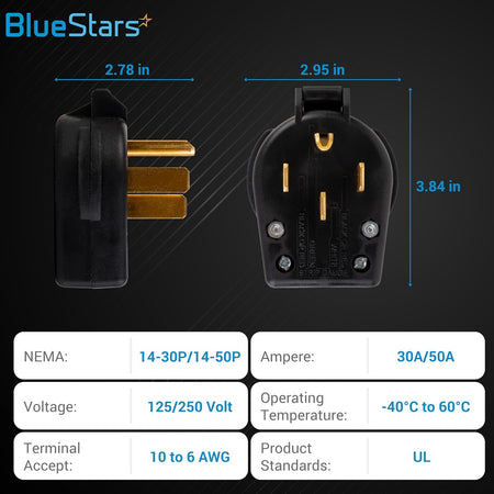 Dimensional diagram of NEMA 14-30P and 14-50P interchangeable straight plug showing side and front views with specs.