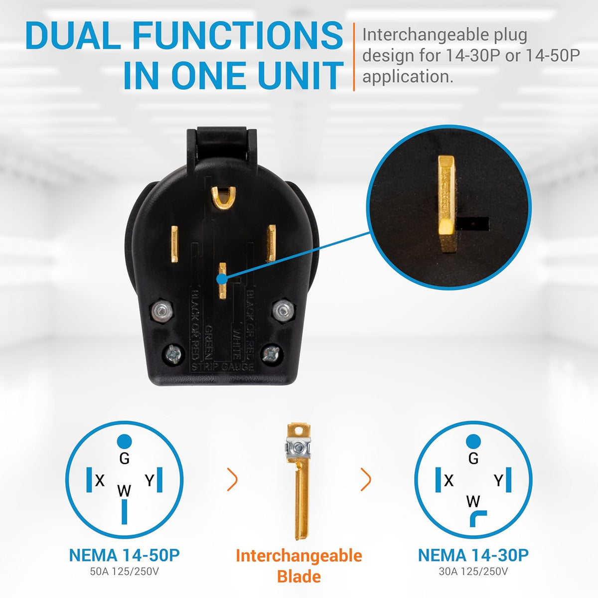 Interchangeable NEMA 14-30P and 14-50P plug showing blade configuration and conversion diagram.
