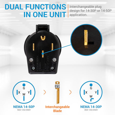Interchangeable NEMA 14-30P and 14-50P plug showing blade configuration and conversion diagram.