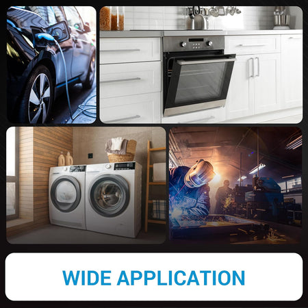 Collage showing EV charging, electric oven, laundry appliances, and welding equipment for NEMA 14-30P 14-50P plug usage.