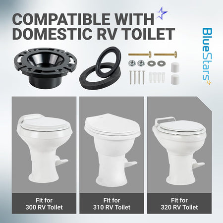 RV Toilet Seal 3-Inch Socket Floor Flange Kit shows seal, flange, hardware, and Dometic 300, 310, 320 fit graphics